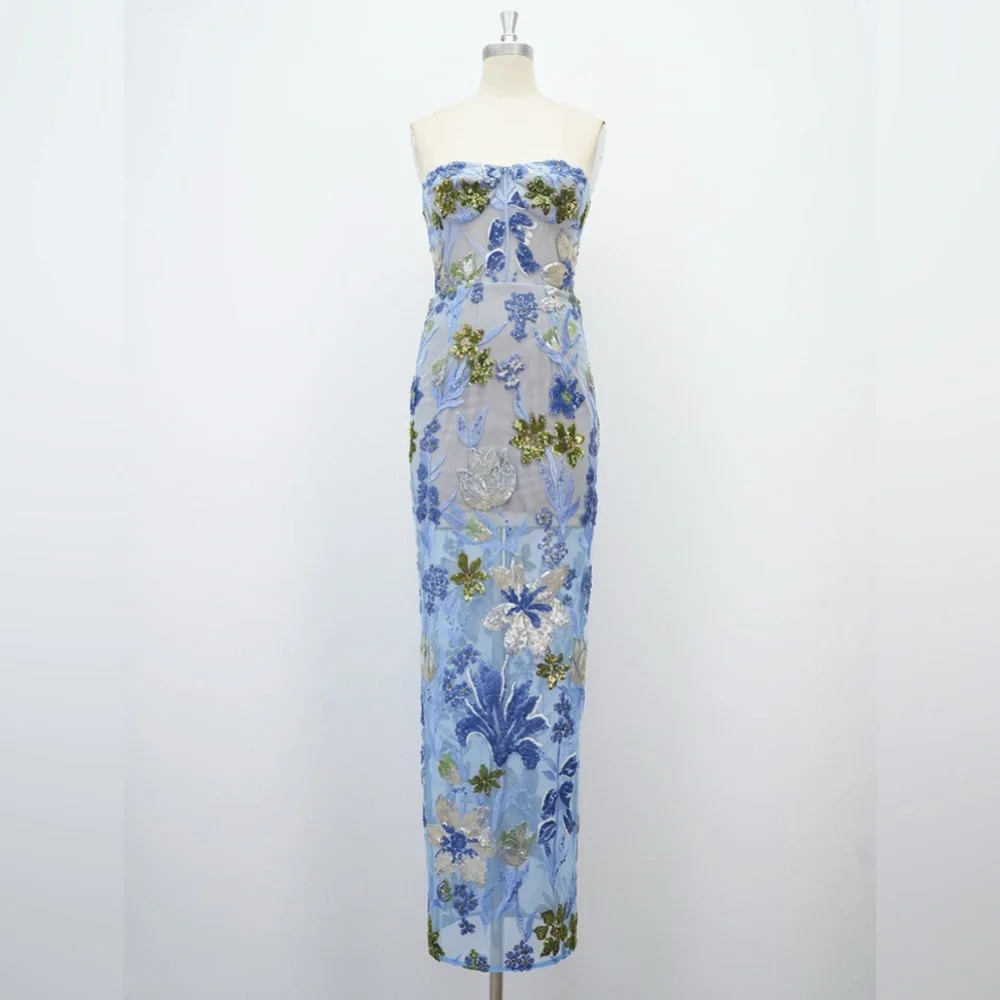 NWOT Bronx and Banco Dahlia Sequin Floral Column Gown IN Baby Blue - Picture 8 of 16